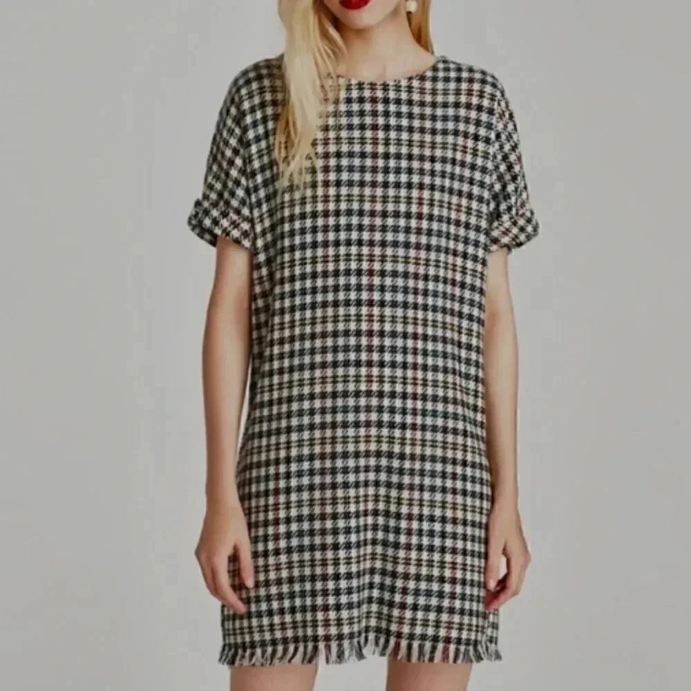 ZARA Trafaluc Collection Houndstooth Mini Dress Fringe Hem